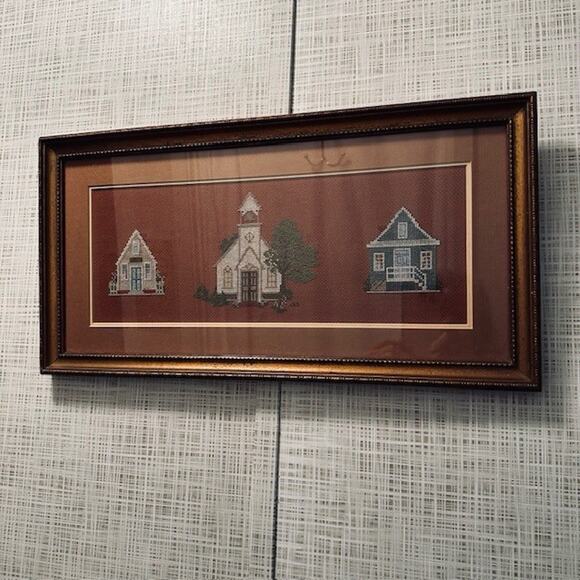Vintage Framed Matted Cross Stitched Embroidered Folk Art Cabin/Church/LakeCabin - Picture 10 of 16